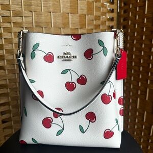Coach White Leather Shoulder Bag with Red Cherry Print